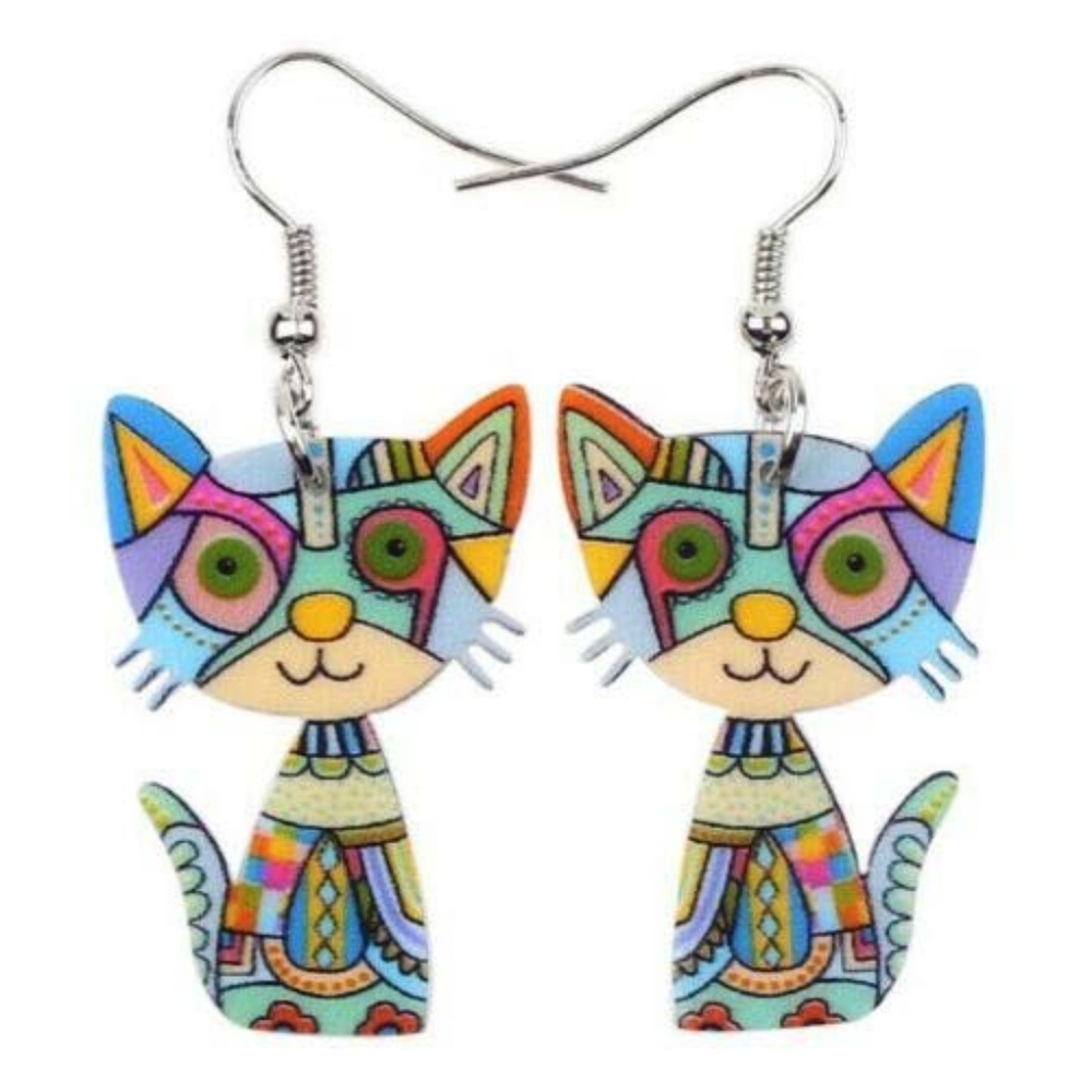 Colorful Blue MULTI-COLOR Acrylic Cat Earrings